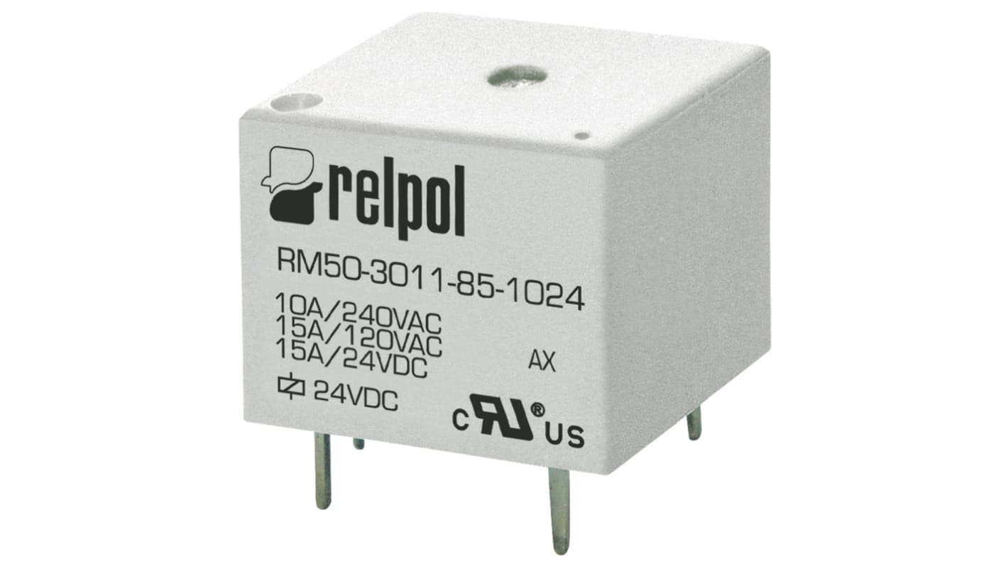Relé de potencia sin enclavamiento Relpol de 1 polo, SPDT, bobina 5V dc, 15A, Montaje en PCB