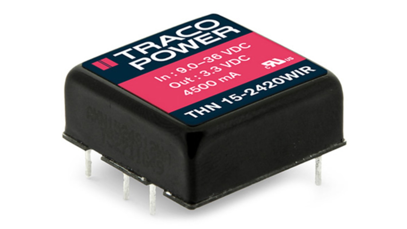 TRACOPOWER THN 15WIR DC-DC Converter, 24V dc/ 625mA Output, 9 → 36 V dc Input, 15W, PCB Mount, +85°C Max Temp