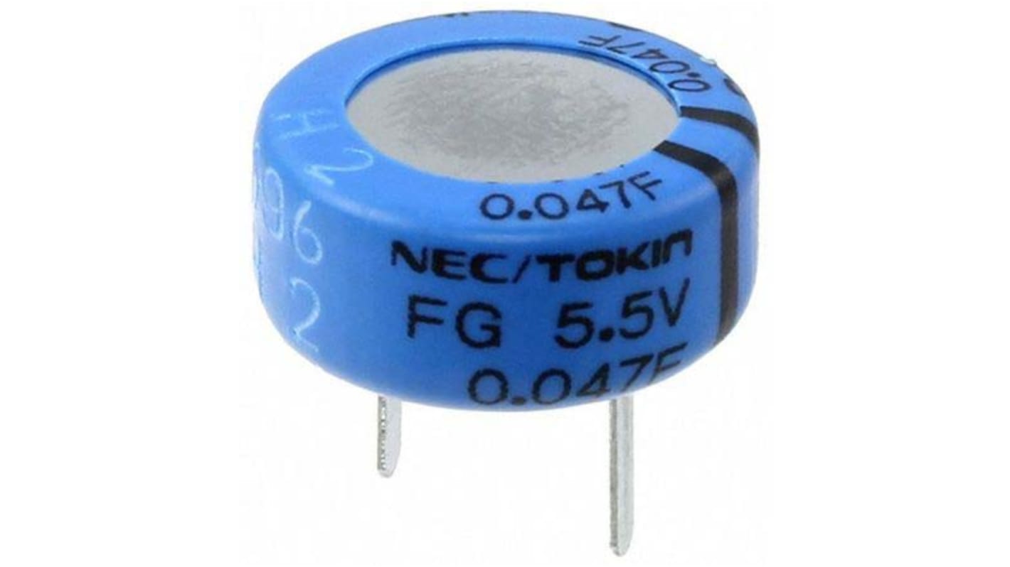 Supercondensador KEMET, 47mF, -20 → +80%, 5.5V dc, Montaje en orificio pasante, 200Ω