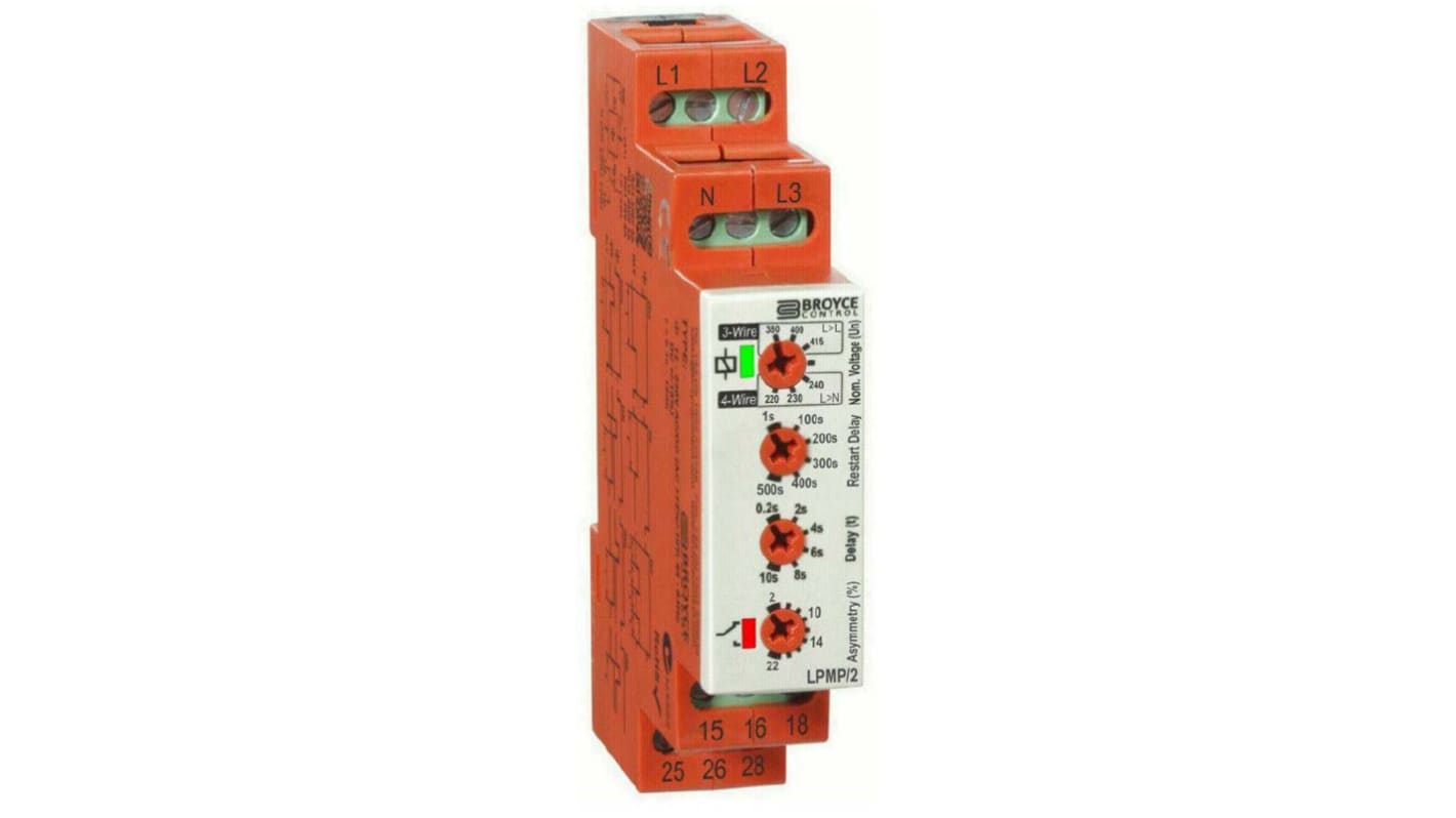 Broyce Control Phase, Voltage Monitoring Relay, 3 Phase, DPDT, 243 → 540V ac, DIN Rail