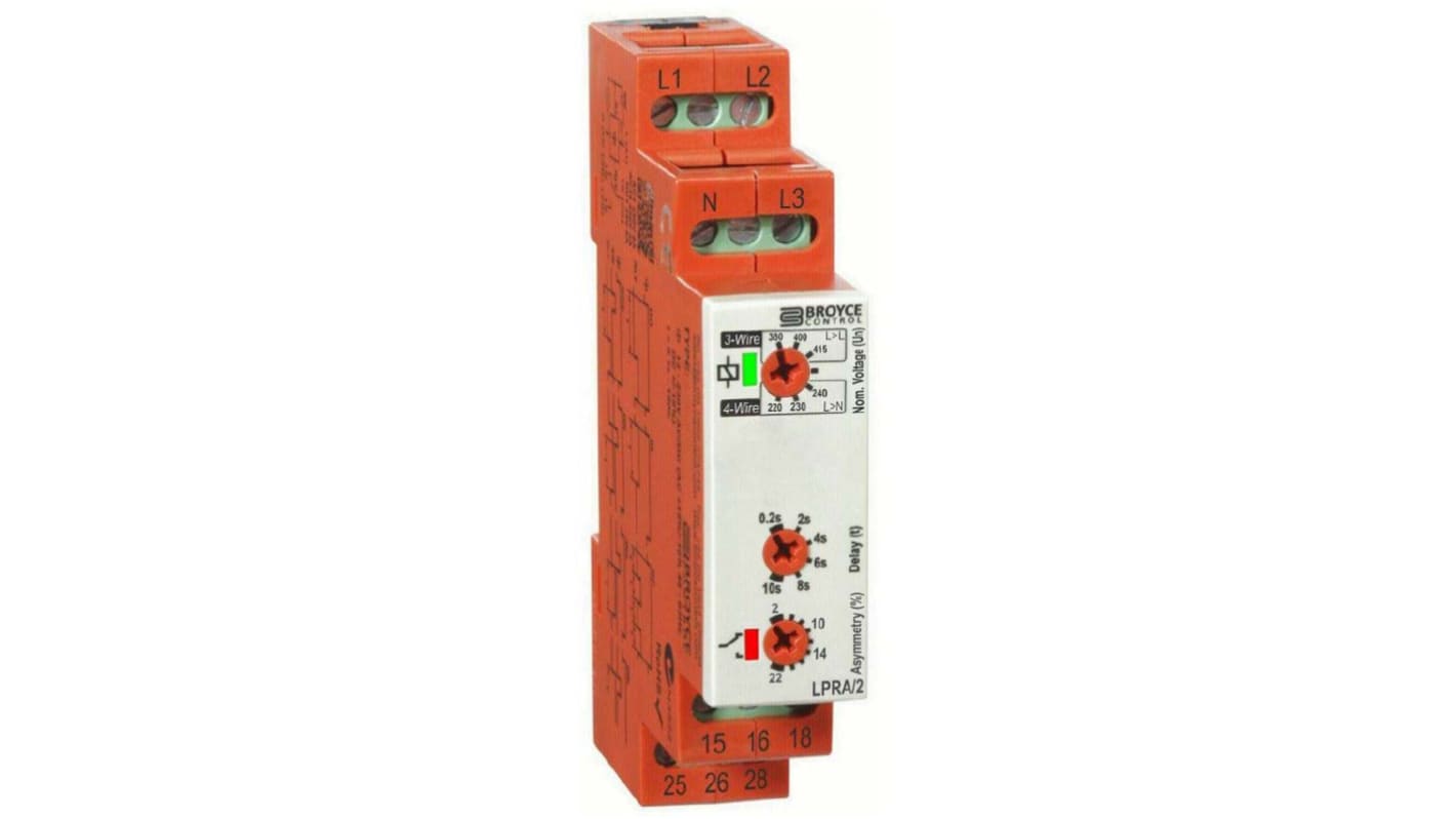 Broyce Control Phase, Voltage Monitoring Relay, 3 Phase, DPDT, 243 → 540 V, DIN Rail