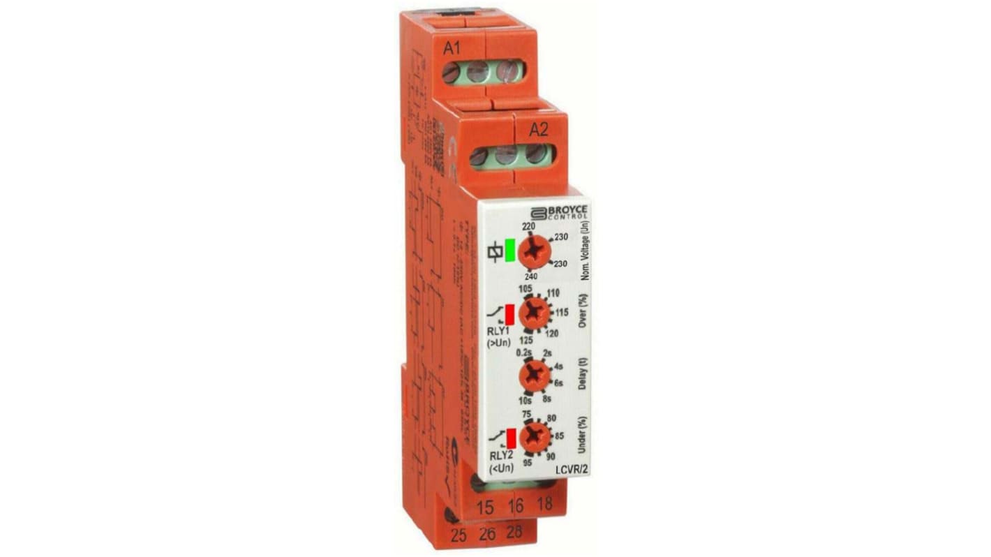 Broyce Control 过压/单相/电压继电器, 单相, DIN导轨安装, SPDT, 可感应最大 315 V, 可感应48 → 63Hz
