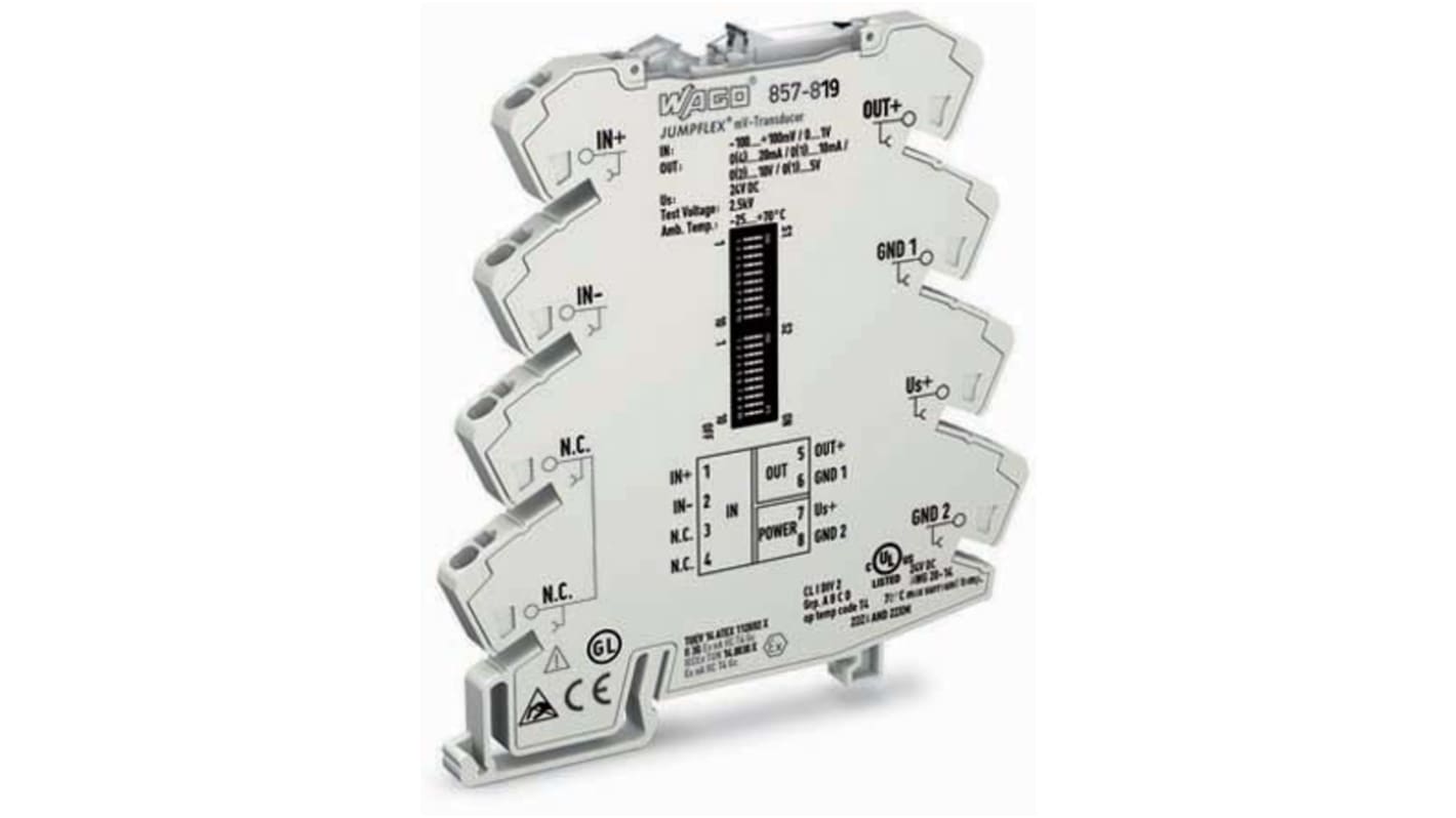 WAGO 电压转换器, 0 → 1000mV电压输入, 0 → 10 V ， 0 → 20mA电流，电压输出, 24V 直流, DIN导轨安装