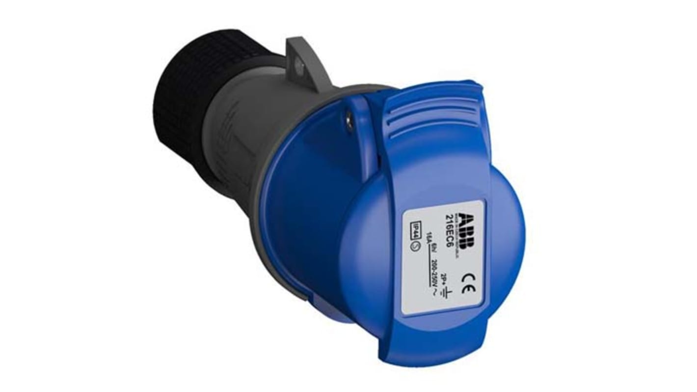 Conector de potencia industrial Hembra, Formato 2P + E, Orientación Recto, Easy & Safe, Azul, 230 V, 16A, IP44