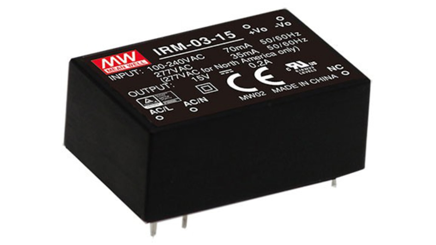 MEAN WELL Switching Power Supply, IRM-03-15, 15V dc, 200mA, 3W, 1 Output, 120 → 430 V dc, 85 → 305 V ac