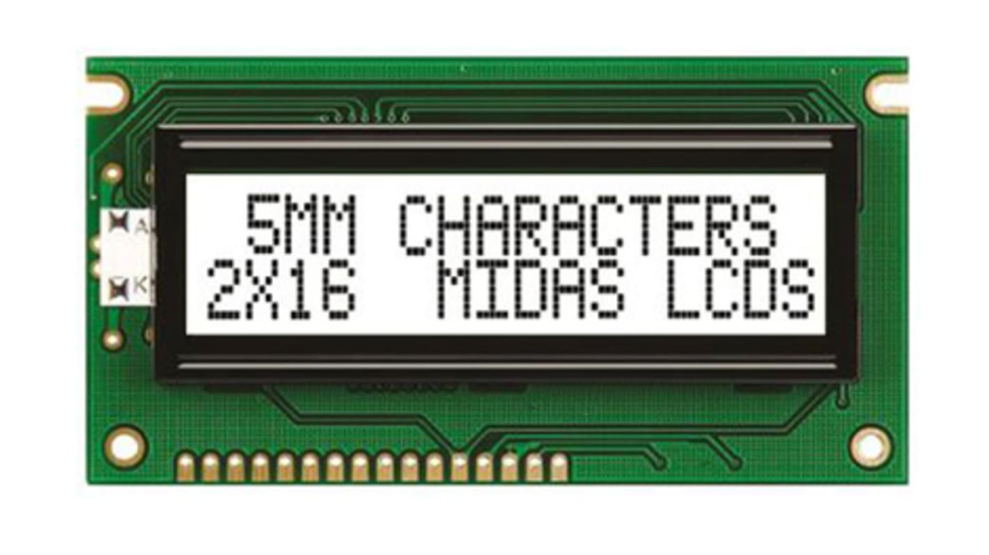 Midas MC21605A6W-FPTLW-V2 A Alphanumeric LCD Display White, 2 Rows by 16 Characters, Transflective