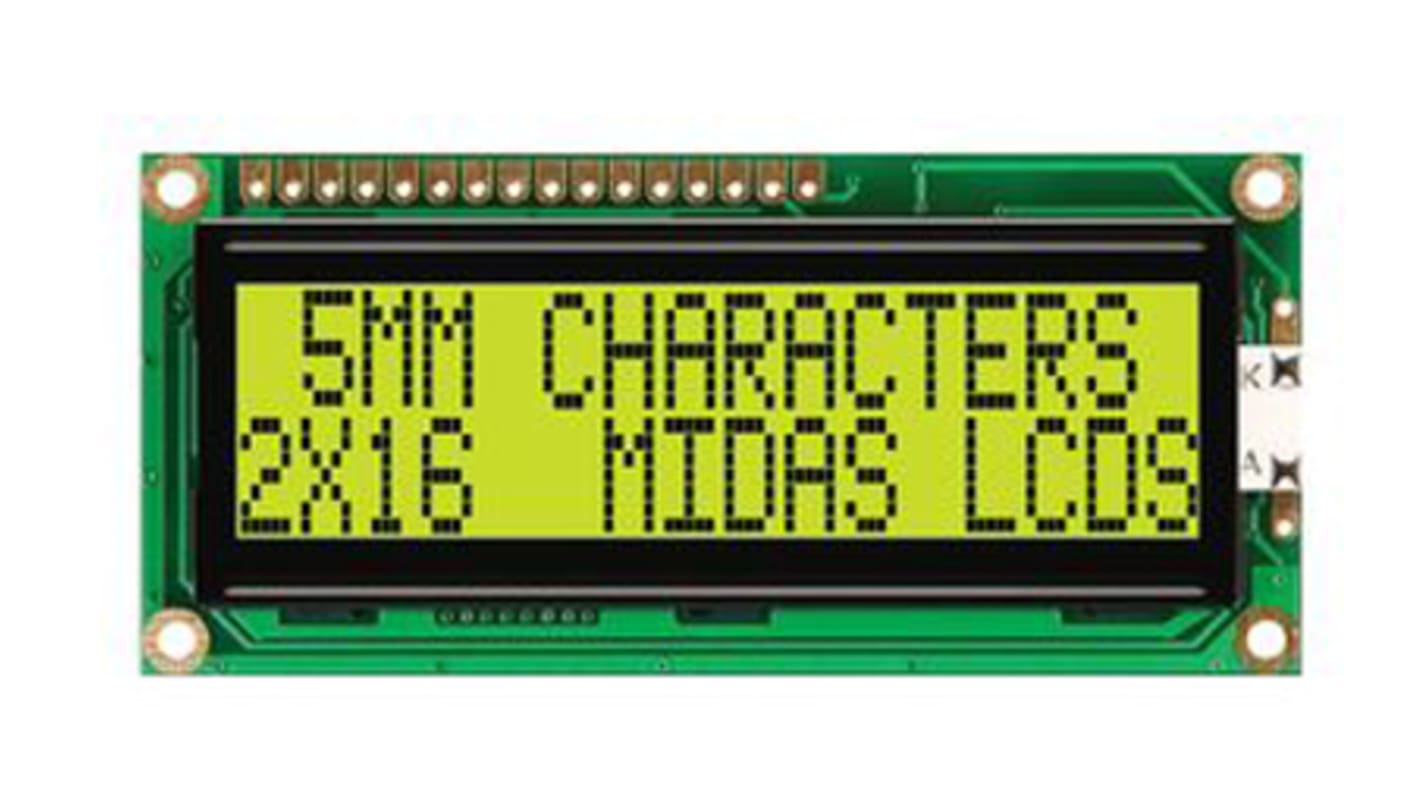 Midas MC21605G6WD-SPTLY-V2 G Alphanumeric LCD Display Yellow-Green, 2 Rows by 16 Characters, Transflective