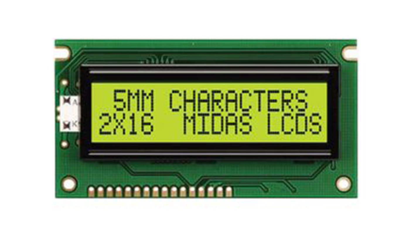 Midas A Monochrom LCD, Alphanumerisch Zweizeilig, 16 Zeichen, Hintergrund Gelbgrün reflektiv, 8-Bit Interface