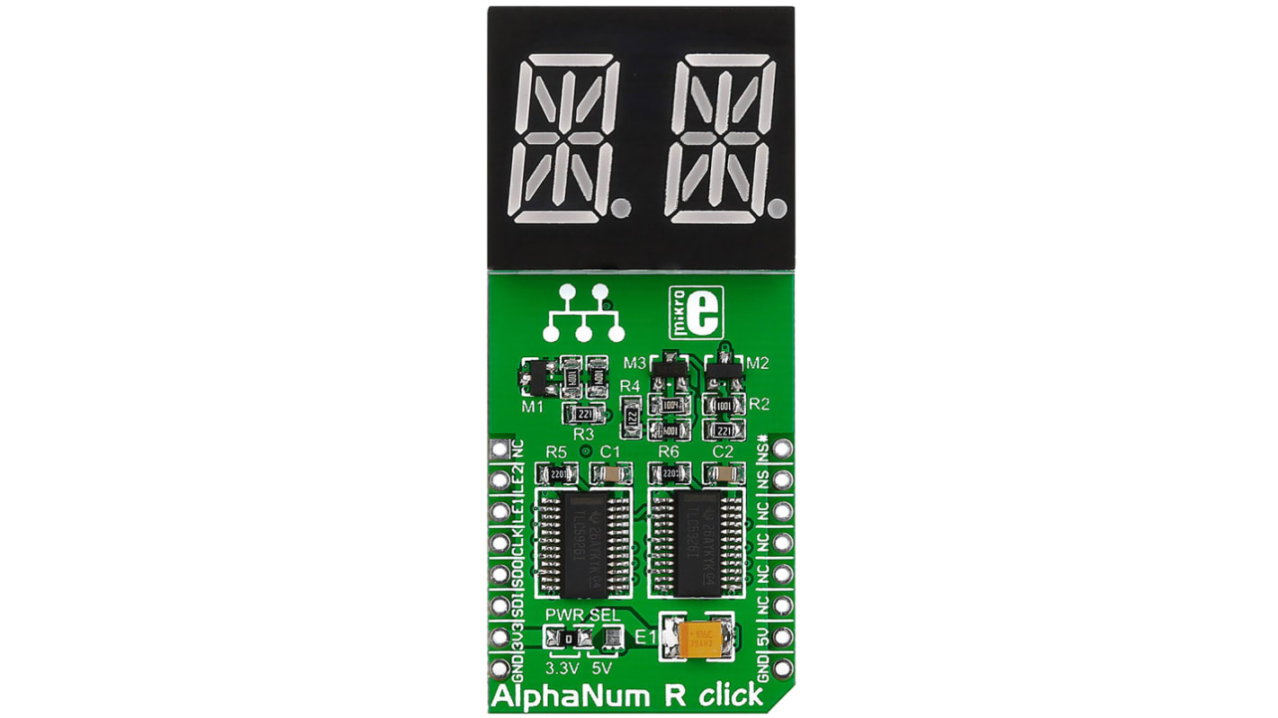 MikroElektronika MIKROE-1864, AlphaNum R Click 2 14 Segment Display Add On Board With TLC5926 x 2