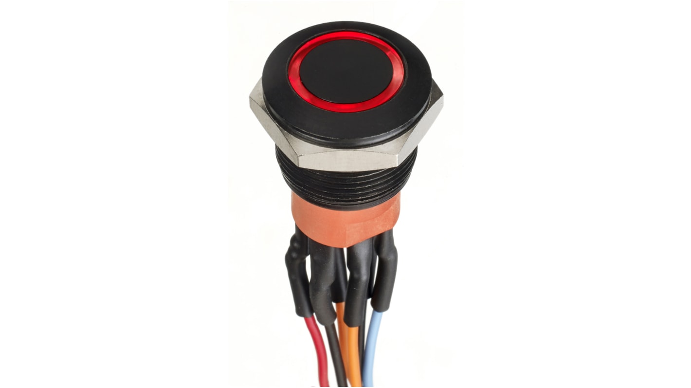 APEM Illuminated Push Button Switch, Momentary, Panel Mount, 19.2mm Cutout, DPDT, Red LED, 30V dc, IP67