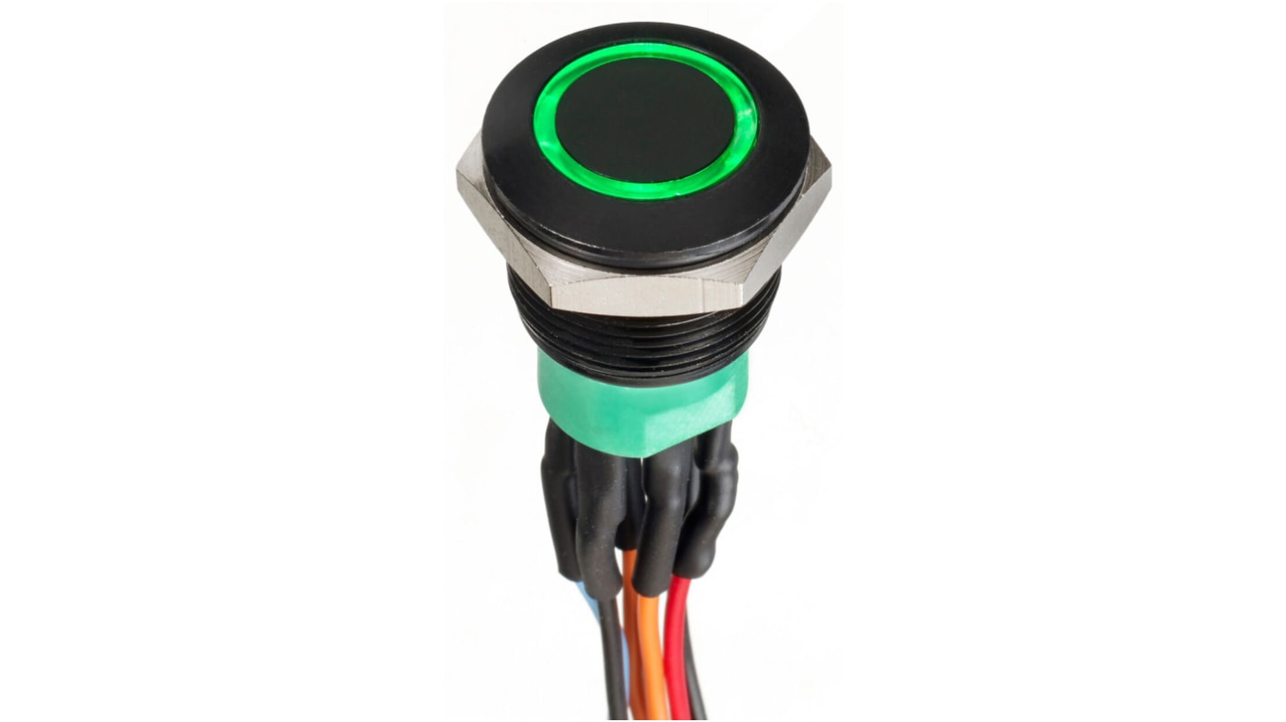 APEM Illuminated Push Button Switch, Momentary, Panel Mount, 19.2mm Cutout, DPDT, Green LED, 30V dc, IP67