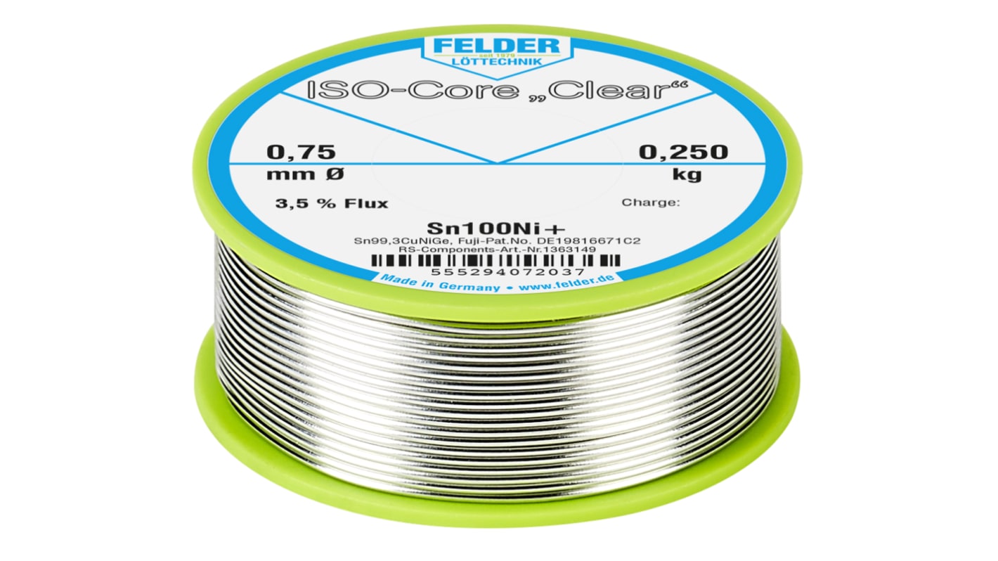 Felder Lottechnik Wire, 0.75mm Lead Free Solder, 227°C Melting Point
