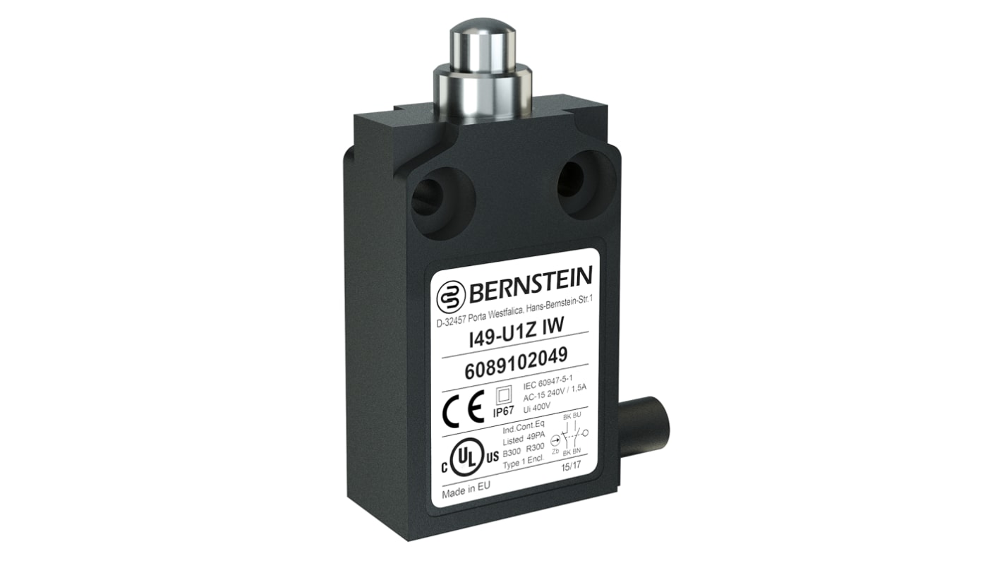 Bernstein AG I49 Series Plunger Limit Switch, NO/NC, IP67, SPST, Plastic Housing