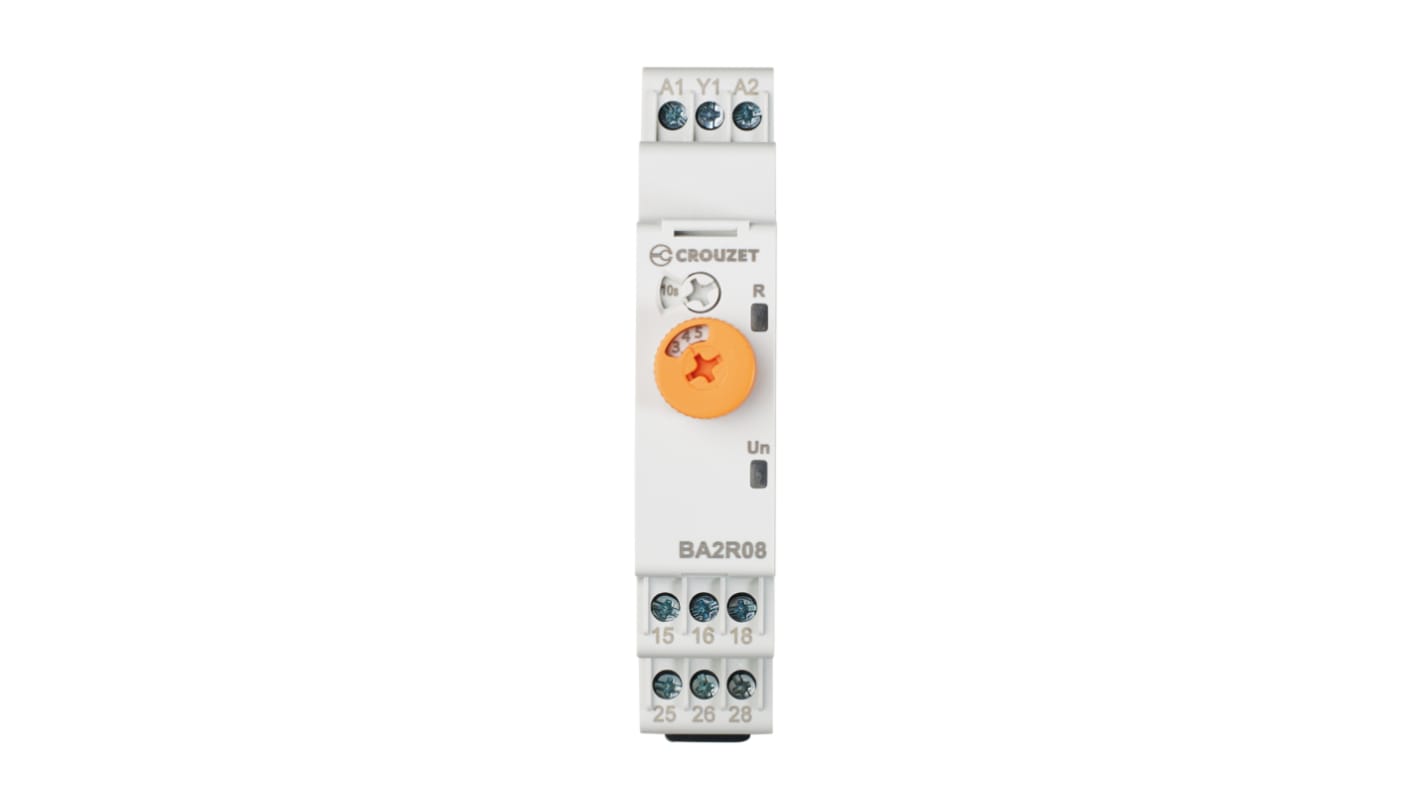 Crouzet シングル タイマーリレー, 0.5 s → 10days, 12 → 240V ac/dc, DPDT, DINレール, Syr-Line シリーズ