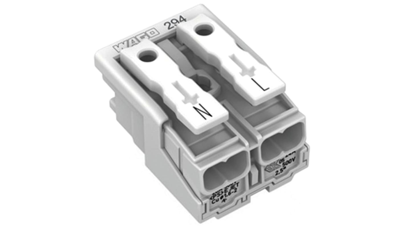 Wago Buchse 294 Leuchtensteckverbinder, Netzanschlussklemmen, Kontakte: 2, Anz.Ausl. 1, 24A, Weiß, 0,5 → 2,5 mm²