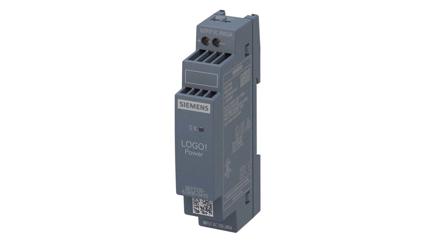 Siemens LOGO!POWER Switched Mode DIN Rail Power Supply, 100 → 240V ac, 24V dc dc Output, 600mA Output, 14W