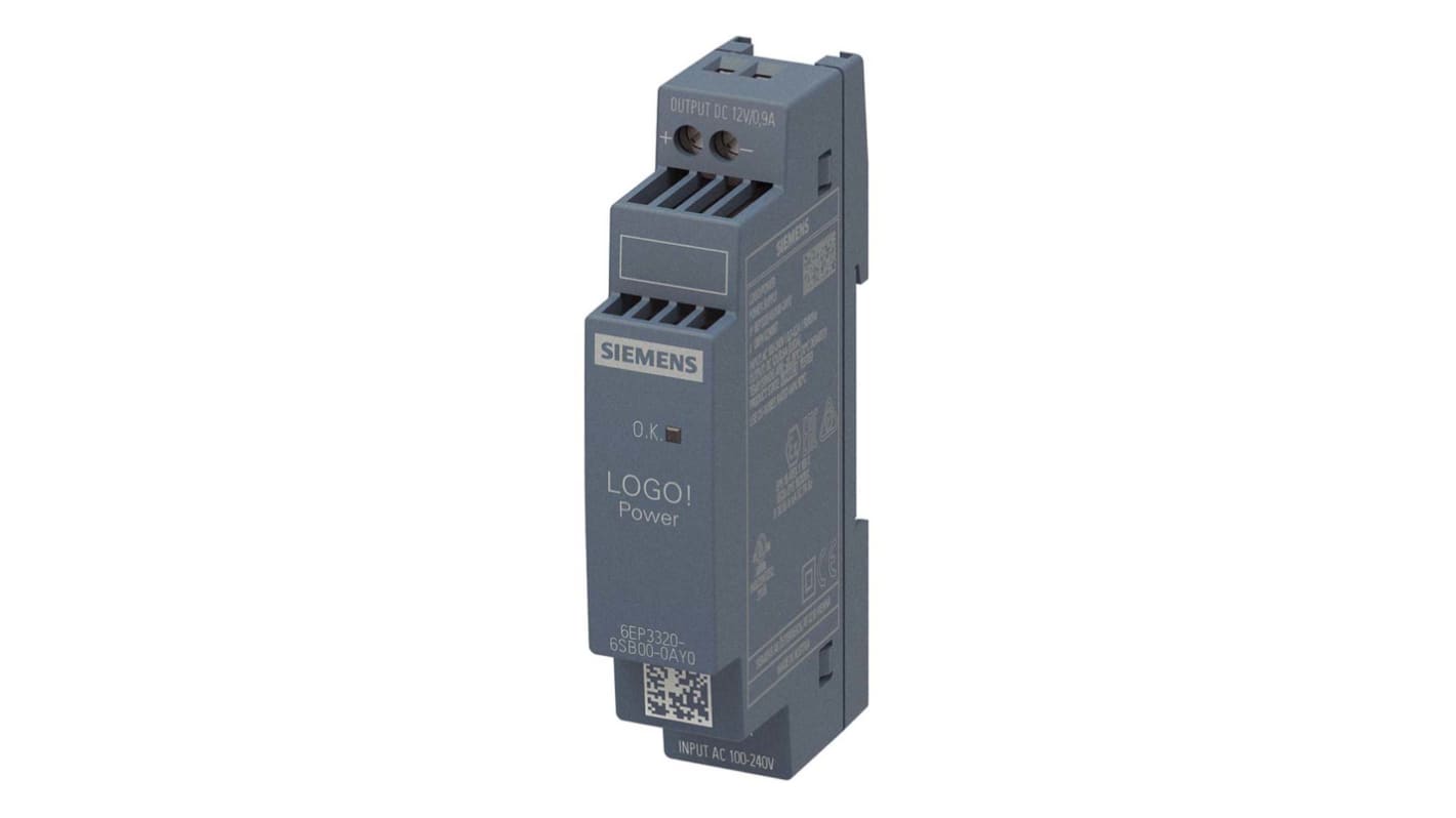 Siemens LOGO POWER Switched Mode DIN Rail Power Supply, 230V ac, 12V dc dc Output, 900mA Output, 10.8W