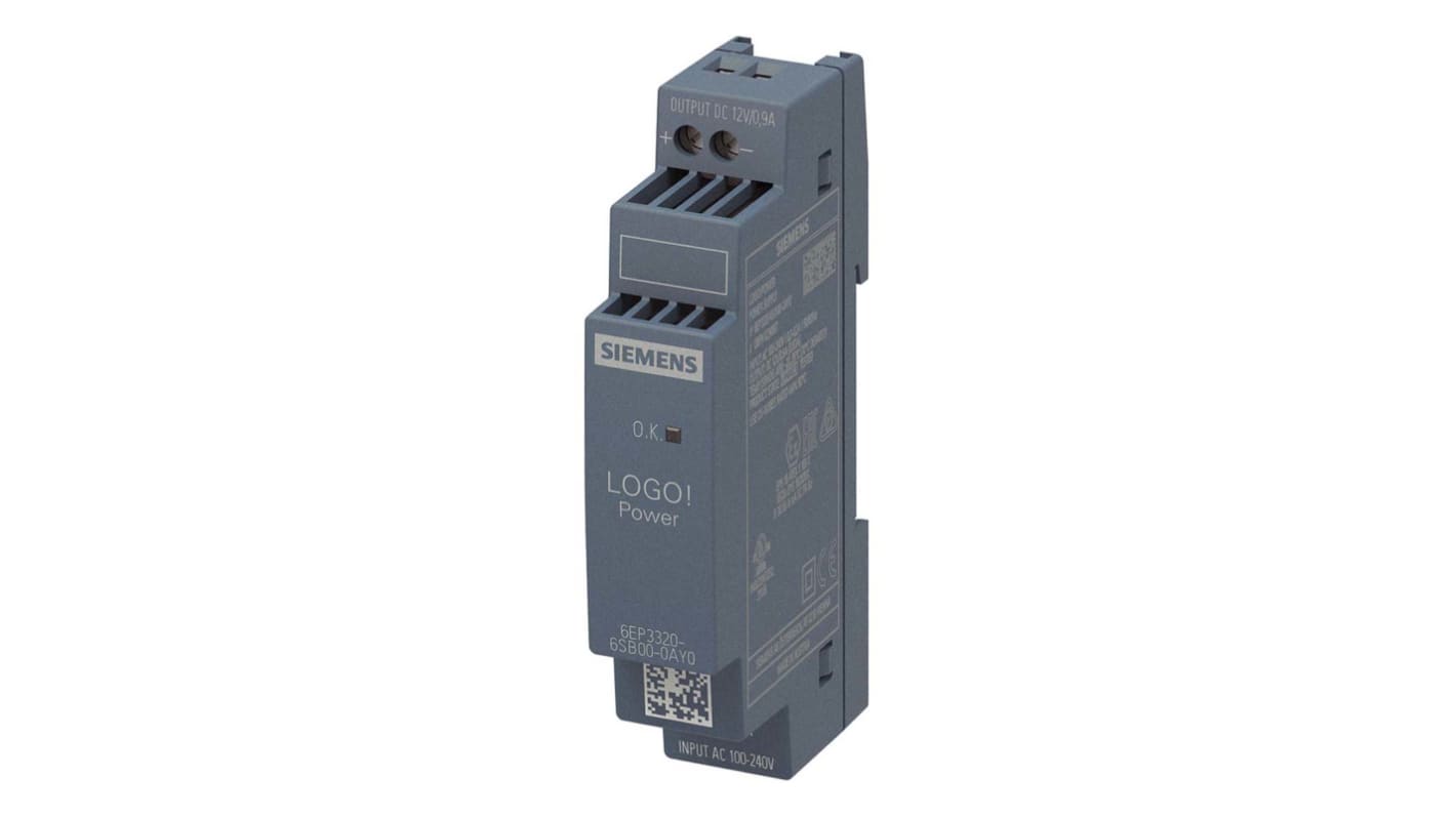 Siemens LOGO!POWER Switched Mode DIN Rail Power Supply, 230V ac, 12V dc dc Output, 900mA Output, 10.8W