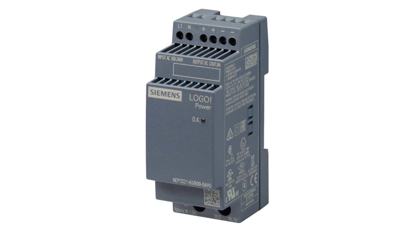 Siemens LOGO POWER Switched Mode DIN Rail Power Supply, 100 → 240V ac, 12V dc dc Output, 1.9A Output, 23W