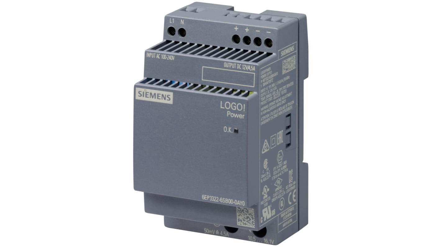 Siemens LOGO!POWER Switched Mode DIN Rail Power Supply, 230V ac ac Input, 12V dc dc Output, 4.5A Output, 54W
