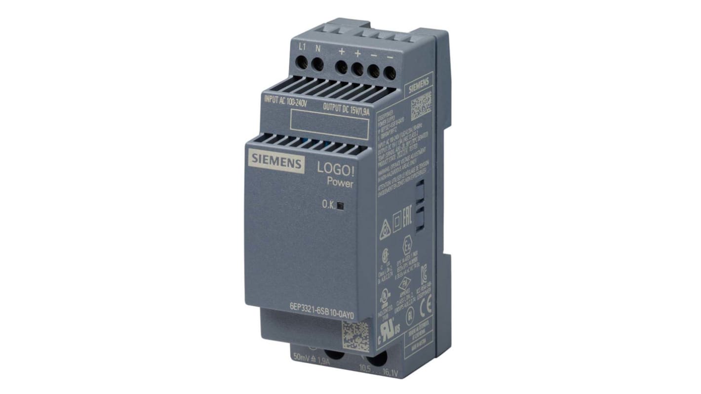 Siemens LOGO!POWER Switched Mode DIN Rail Power Supply, 230V ac, 15V dc dc Output, 1.9A Output, 28.5W