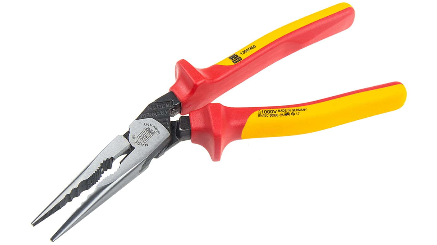 RS PRO Long Nose Pliers, 220 mm Overall, Straight Tip, VDE/1000V