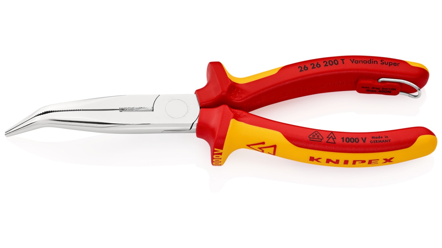 Knipex Long Nose Pliers, 200 mm Overall, Angled Tip, VDE/1000V, 73mm Jaw