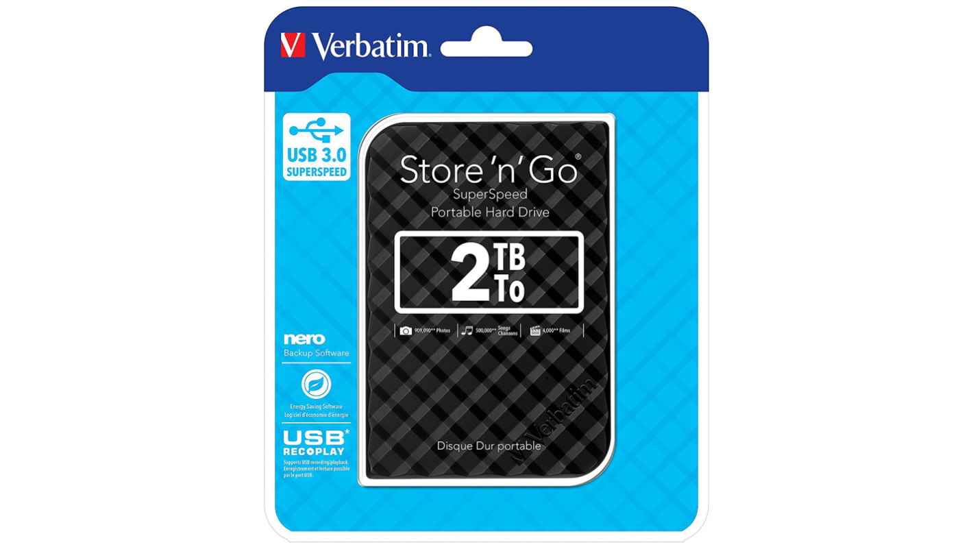 Unidad de disco duro portátil externo Verbatim de 2 TB, USB 3.0