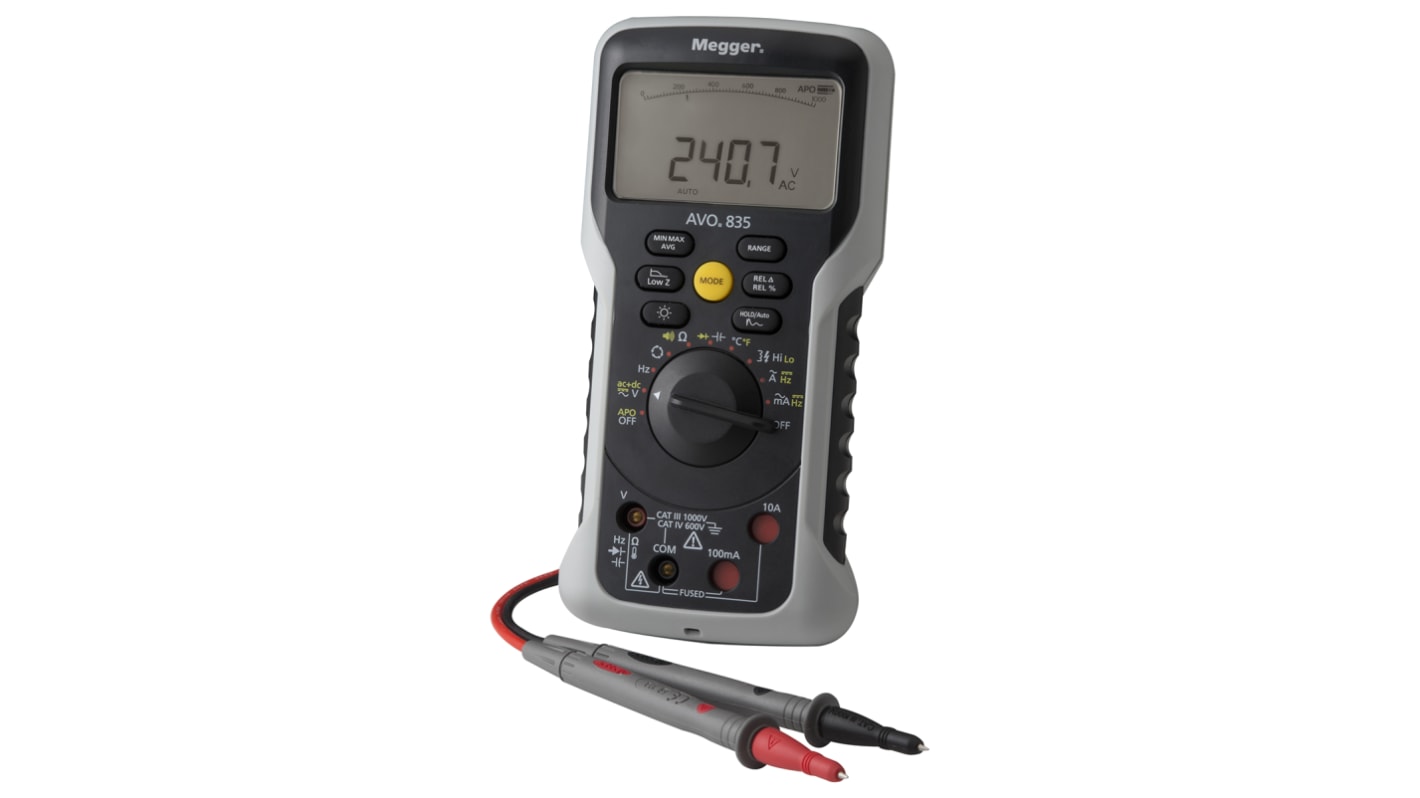 Megger AVO835 Handheld Digital Multimeter, True RMS, 10A ac Max, 10A dc Max, 1000V ac Max - RS Calibrated