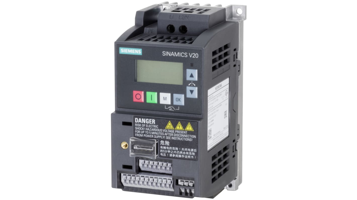 Siemens Inverter Drive, 0.12 kW, 1 Phase, 230 V ac, 900 mA, SINAMICS V20 Series