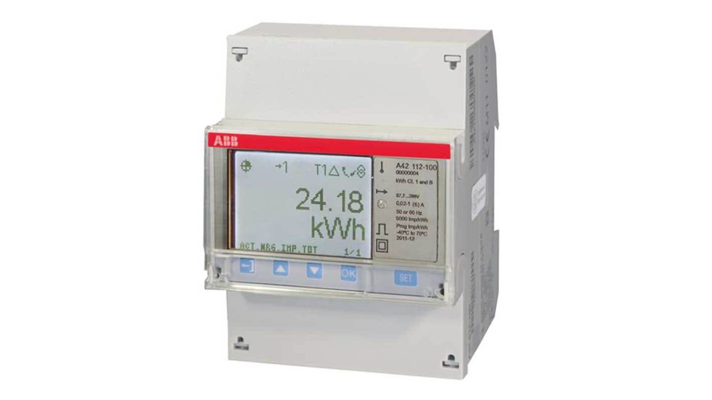 Medidor de energía ABB serie A42, display LCD, con 7 dígitos, precisión Clase B, 1 fase, dim. 70mm x 65mm