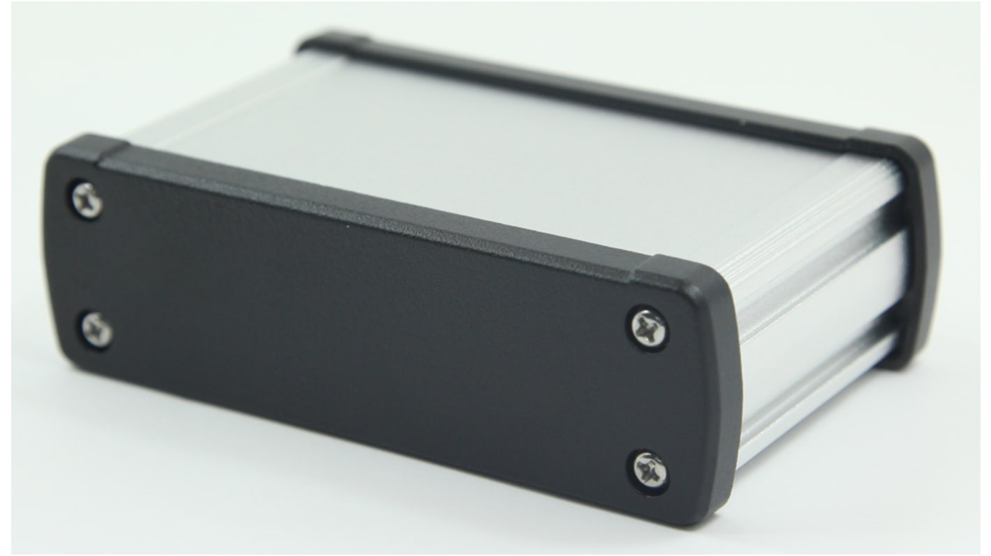 RS PRO Silver Aluminium Enclosure, IP66, Black Lid, 113.7 x 35.2 x 69mm