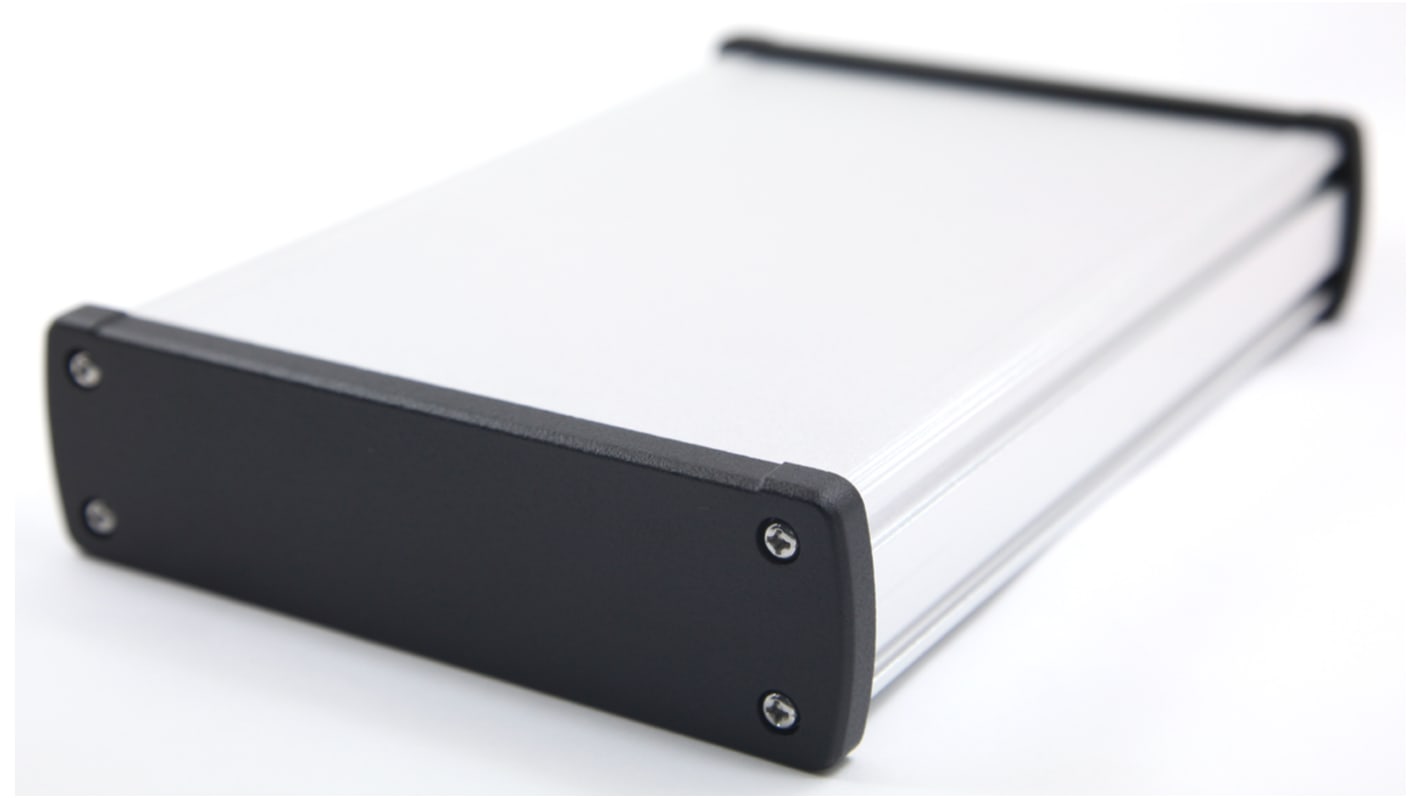RS PRO Silver Aluminium Enclosure, IP66, Black Lid, 146.6 x 41.6 x 209mm