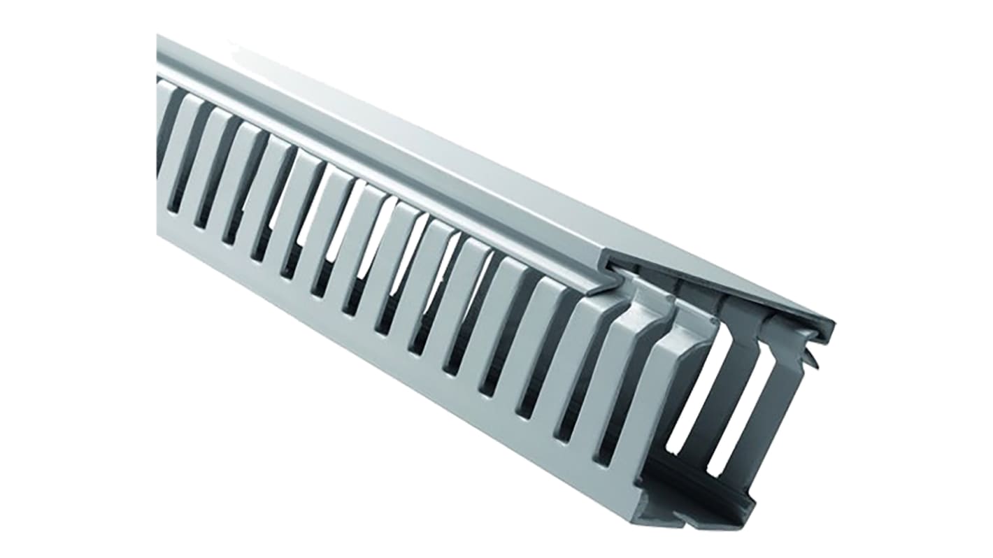 RS PRO Grey Slotted Panel Trunking - Open Slot, W50 mm x D75mm, L2m, PVC