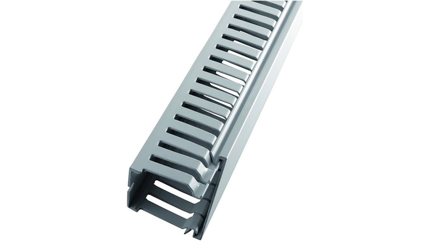 RS PRO Grey Slotted Panel Trunking - Open Slot, W37.5 mm x D50mm, L2m, Halogen Free PC/ABS