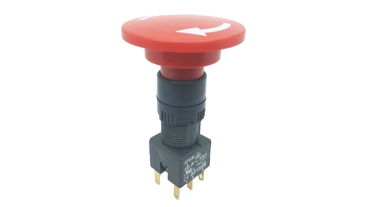 APEM Push Button Switch, Latching, Panel Mount, 16mm Cutout, DPDT, 12 V dc, 250V ac, IP65
