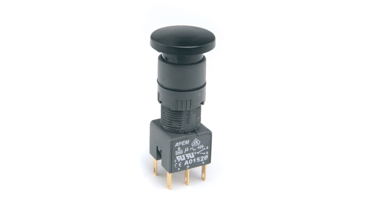 APEM Push Button Switch, Latching, Panel Mount, 16mm Cutout, DPDT, 12 V dc, 250V ac, IP65