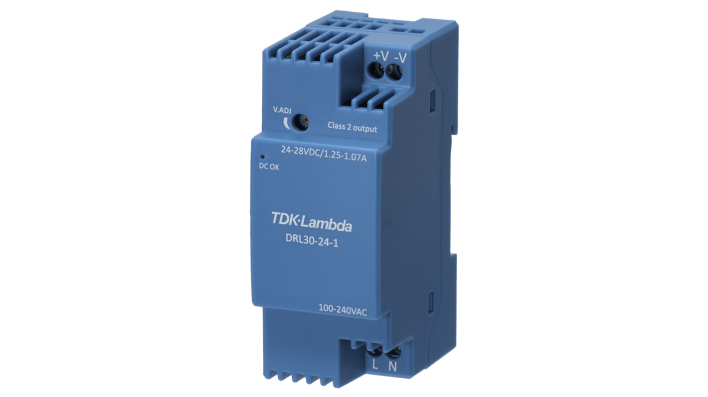 TDK-Lambda DIN-sín tápellátás, 1 kimenet, 24V dc, 1.25A, BE: 85 → 264V ac, 30W