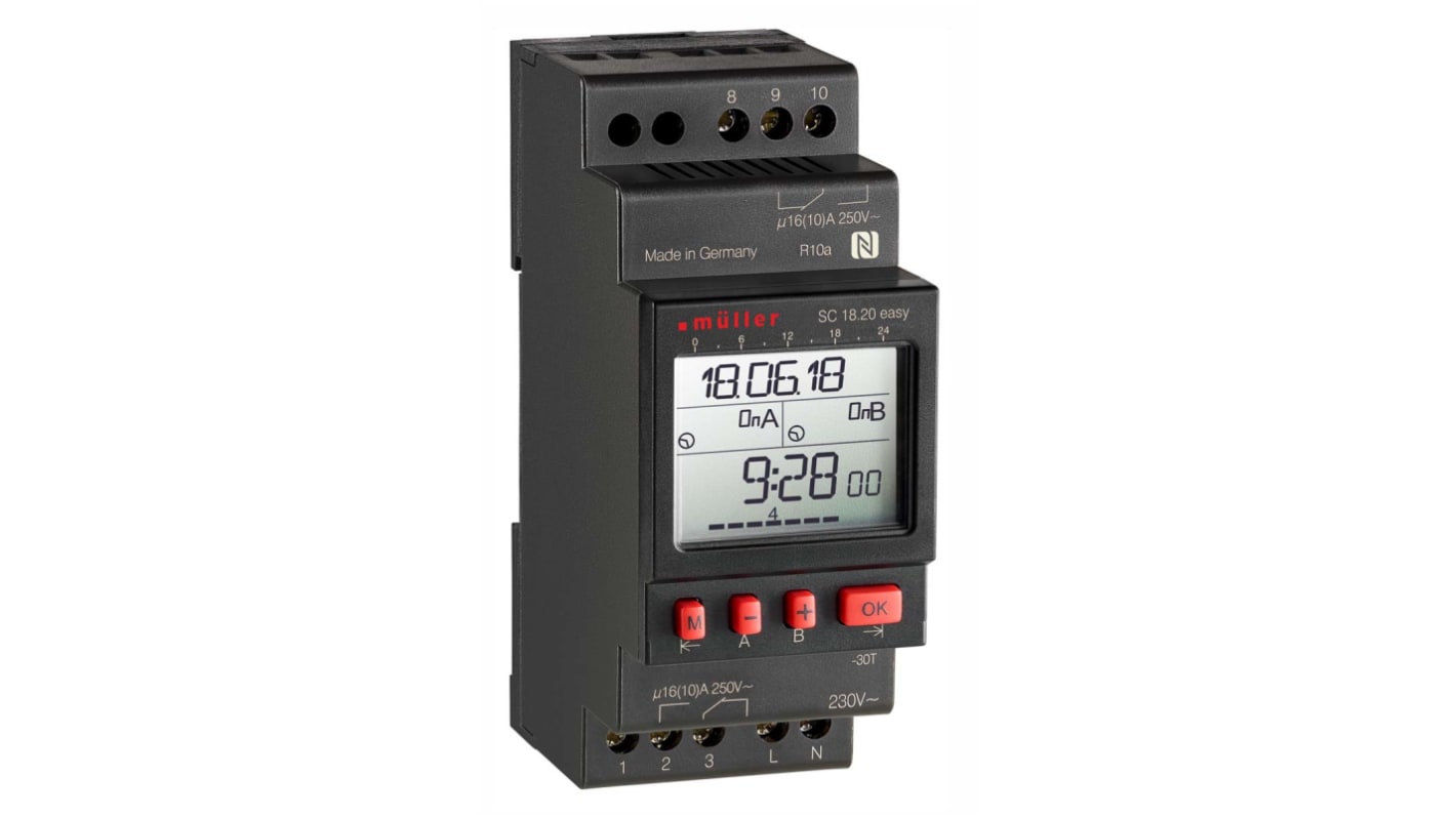 Muller Digital DIN-Schienen-Zeitschaltuhr, Tage, Stunden, Minuten, Sekunden, 230 V ac, 2-Kanal, 56 Speicherplätze