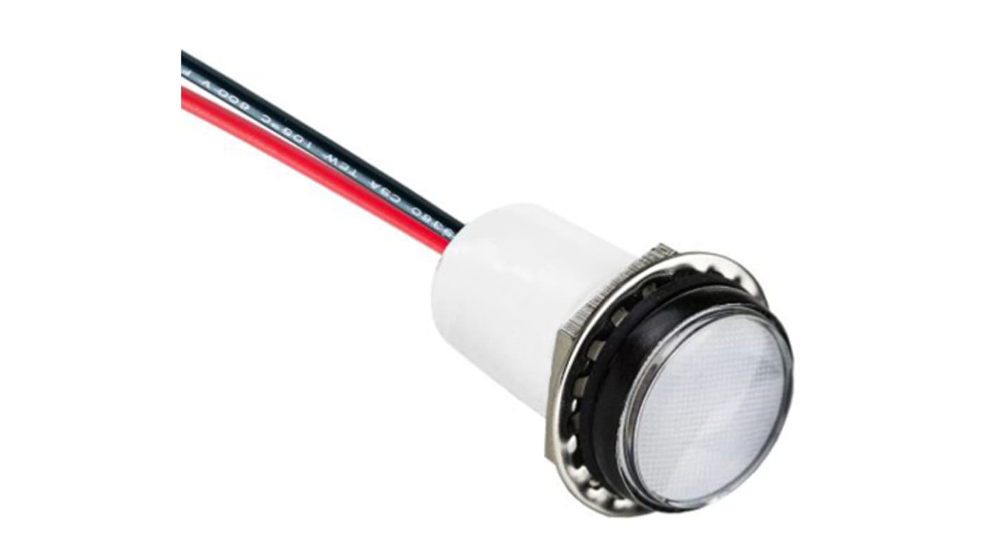 VCC White Panel Mount Indicator, 5 → 28V dc, 17.5mm Mounting Hole Size, Lead Wires Termination, IP67