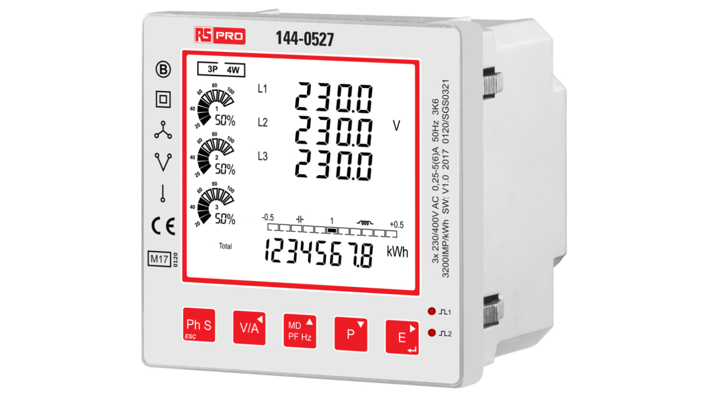 RS PRO 3 Phase Backlit Energy Meter