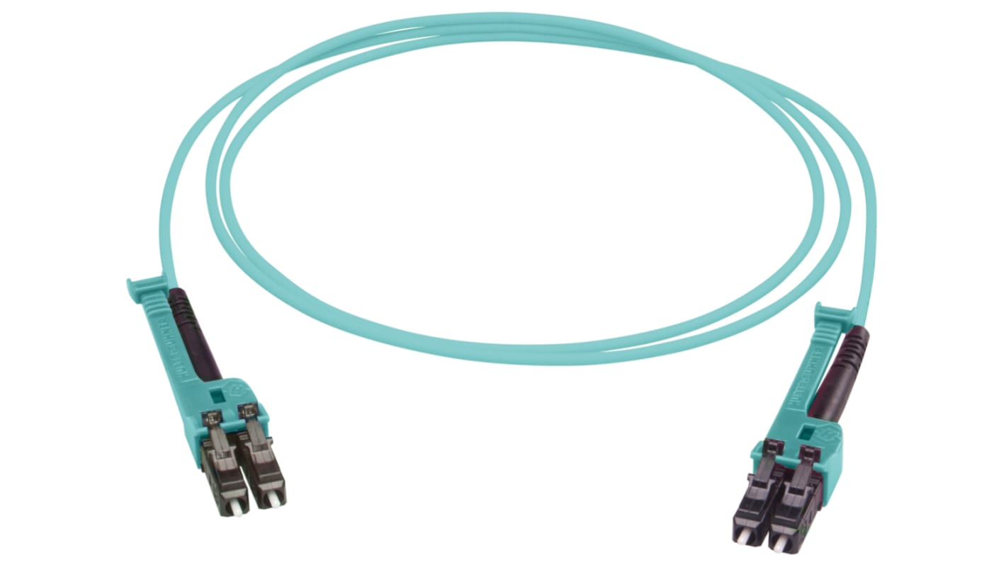 Huber+Suhner LC to LC Duplex Multi Mode OM3 Fibre Optic Cable, 2.1mm, Aqua, 4m