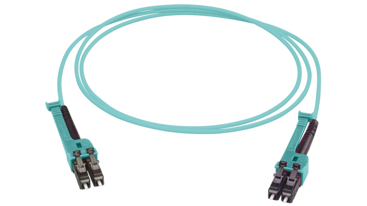 Huber+Suhner LC to LC Duplex Multi Mode OM3 Fibre Optic Cable, 2.1mm, Aqua, 15m