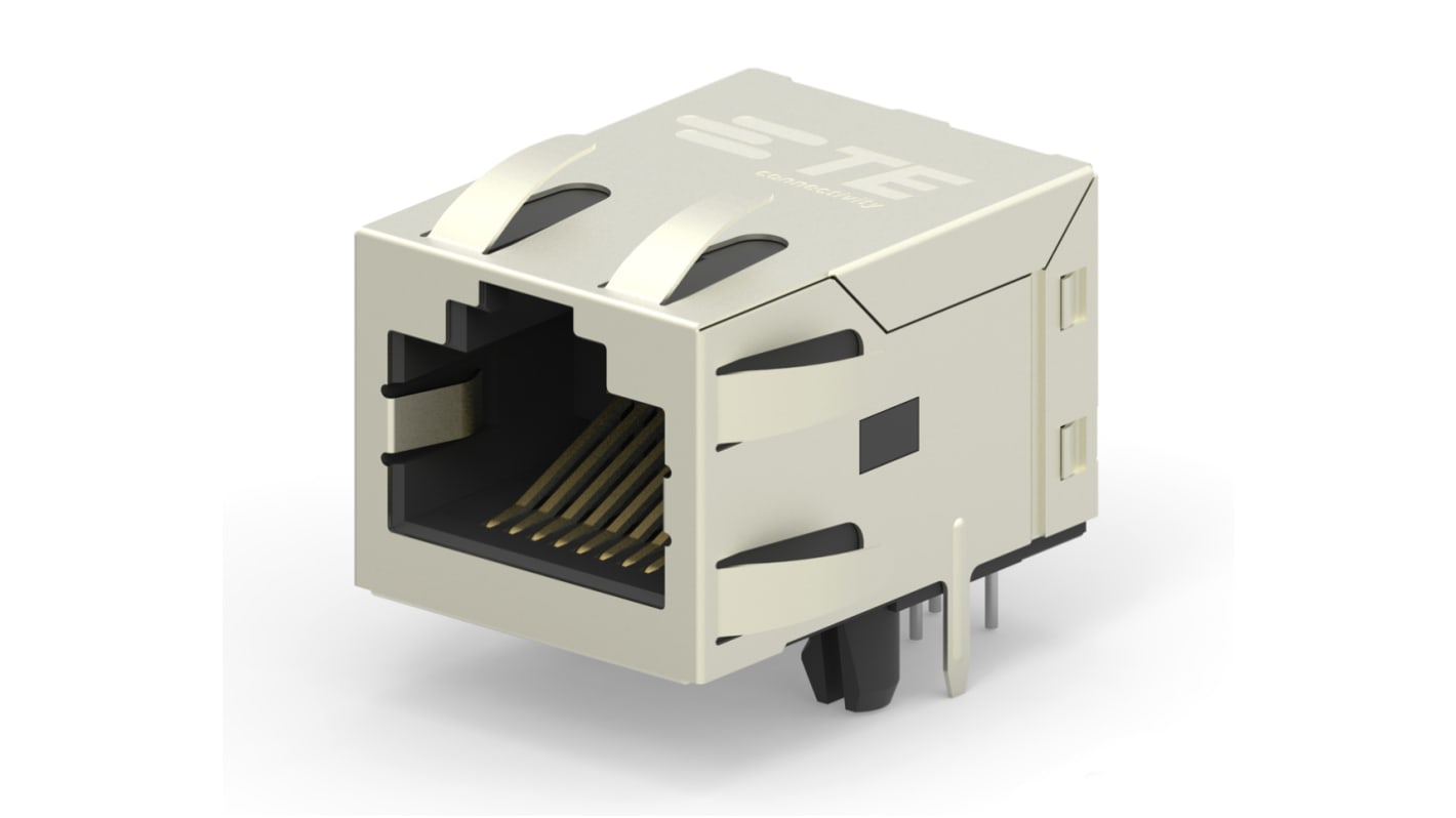 TE Connectivity 2031994 Series Female RJ45 Connector, PCB Mount, Cat6, Nickel Plated Brass Shield Right Angle 1 x 1
