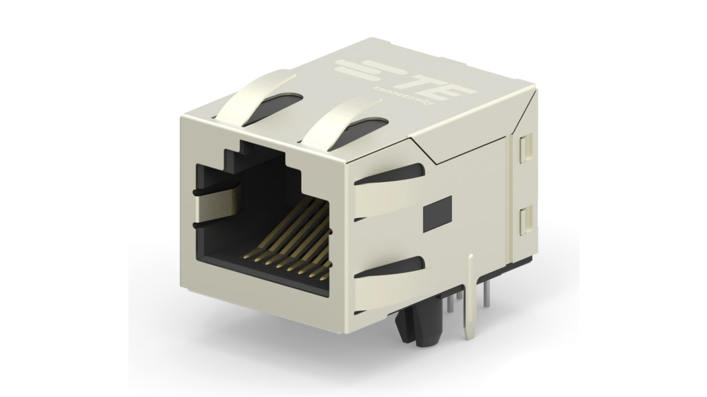 TE Connectivity 2031994 Series Female RJ45 Connector, PCB Mount, Cat6, Nickel Plated Brass Shield Right Angle 1 x 1