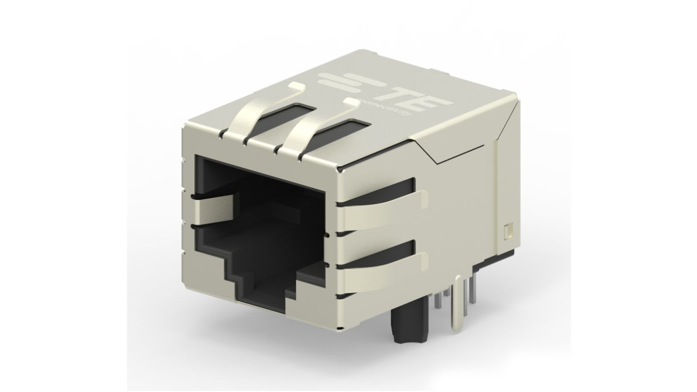 TE Connectivity 2031994 Series Female RJ45 Connector, PCB Mount, Cat6, Nickel Plated Brass Shield Right Angle 1 x 1