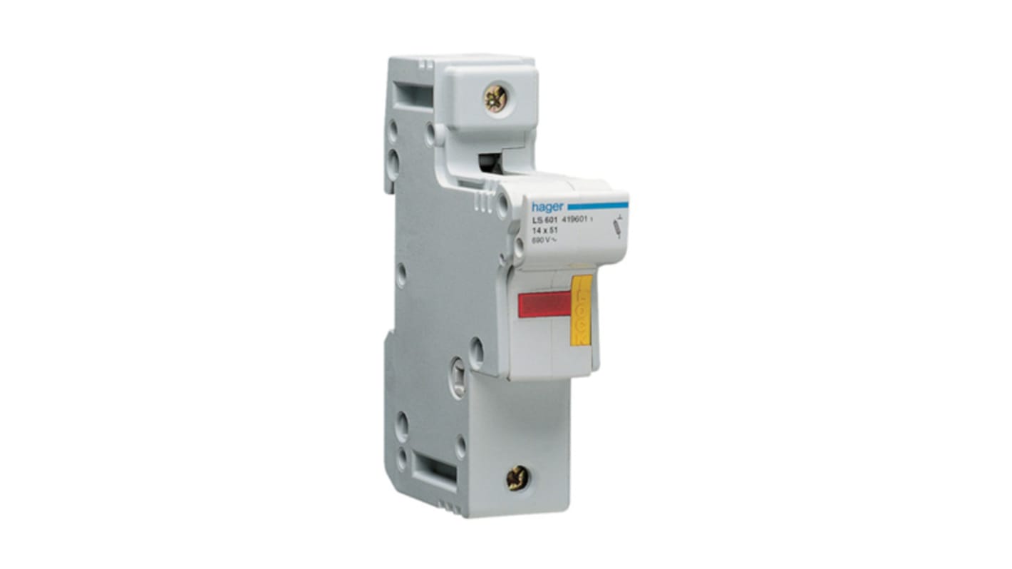 Hager 50A Rail Mount Fuse Holder for 14 x 51mm Fuse, 1P, 690V ac