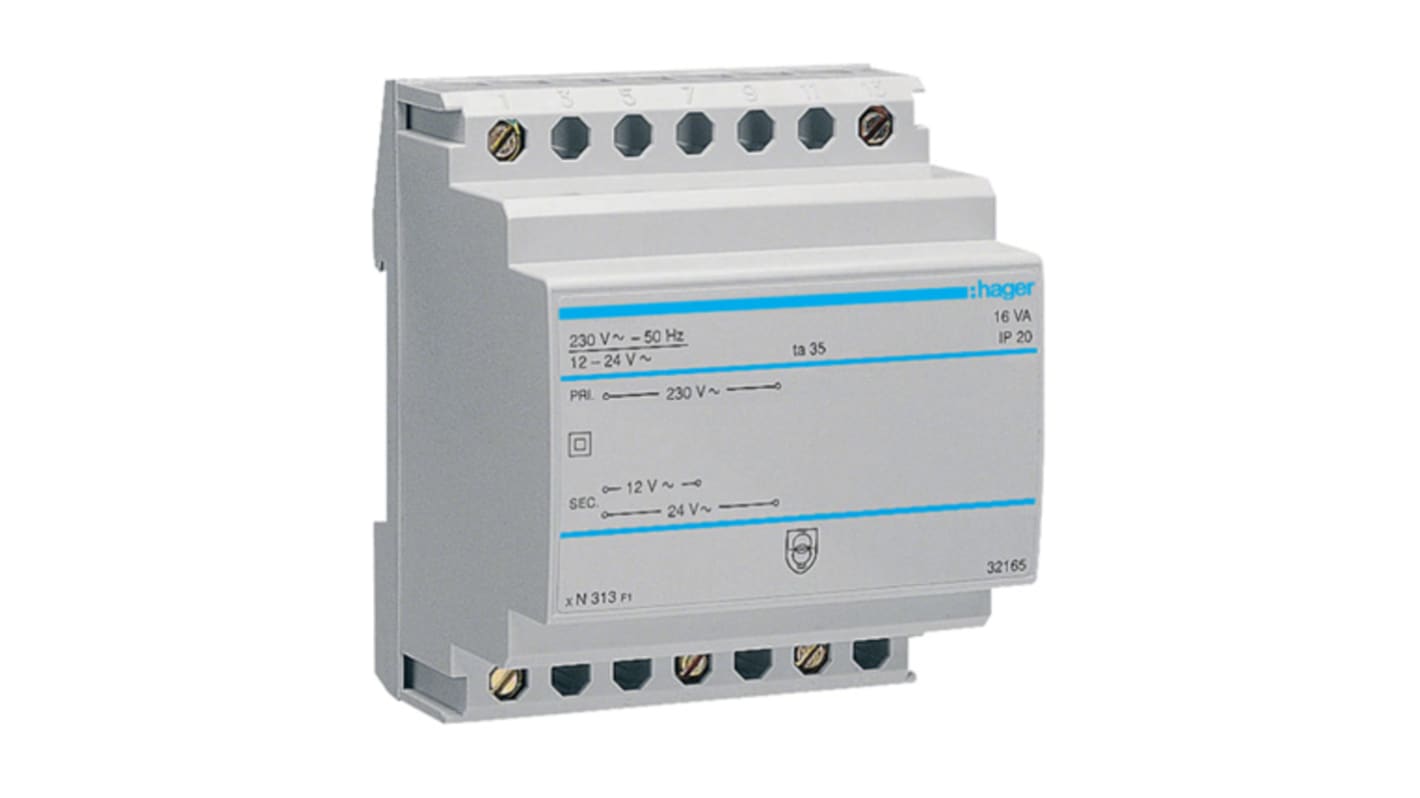 Hager Single Phase 16VA Site Transformer, 230V Primary, 12 V, 16 V, 24 V, 30 V Secondary, 0.67 A @ 24 V, 2.08 A @ 12 V