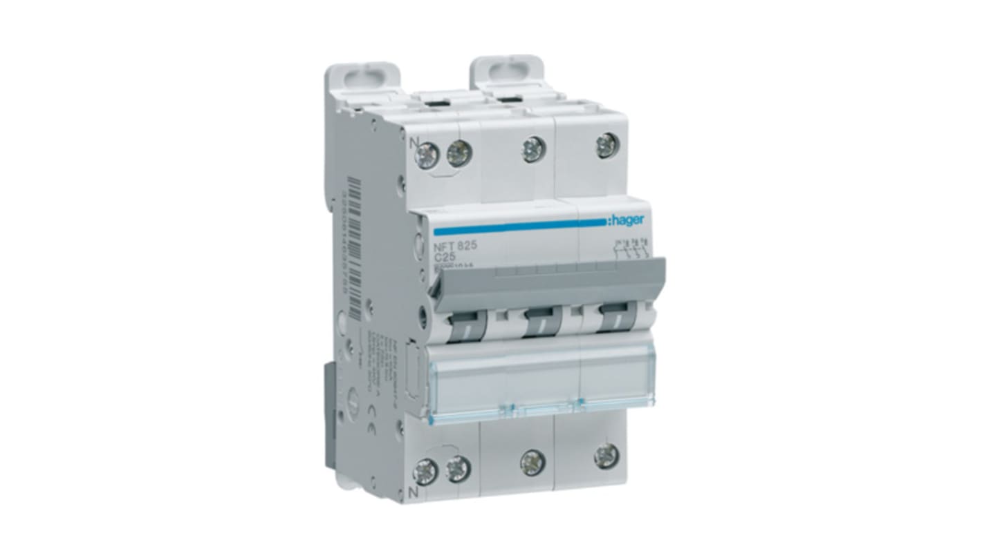 Hager NGT MCB, 3P+N, 6A, 415V AC, 10 kA Breaking Capacity