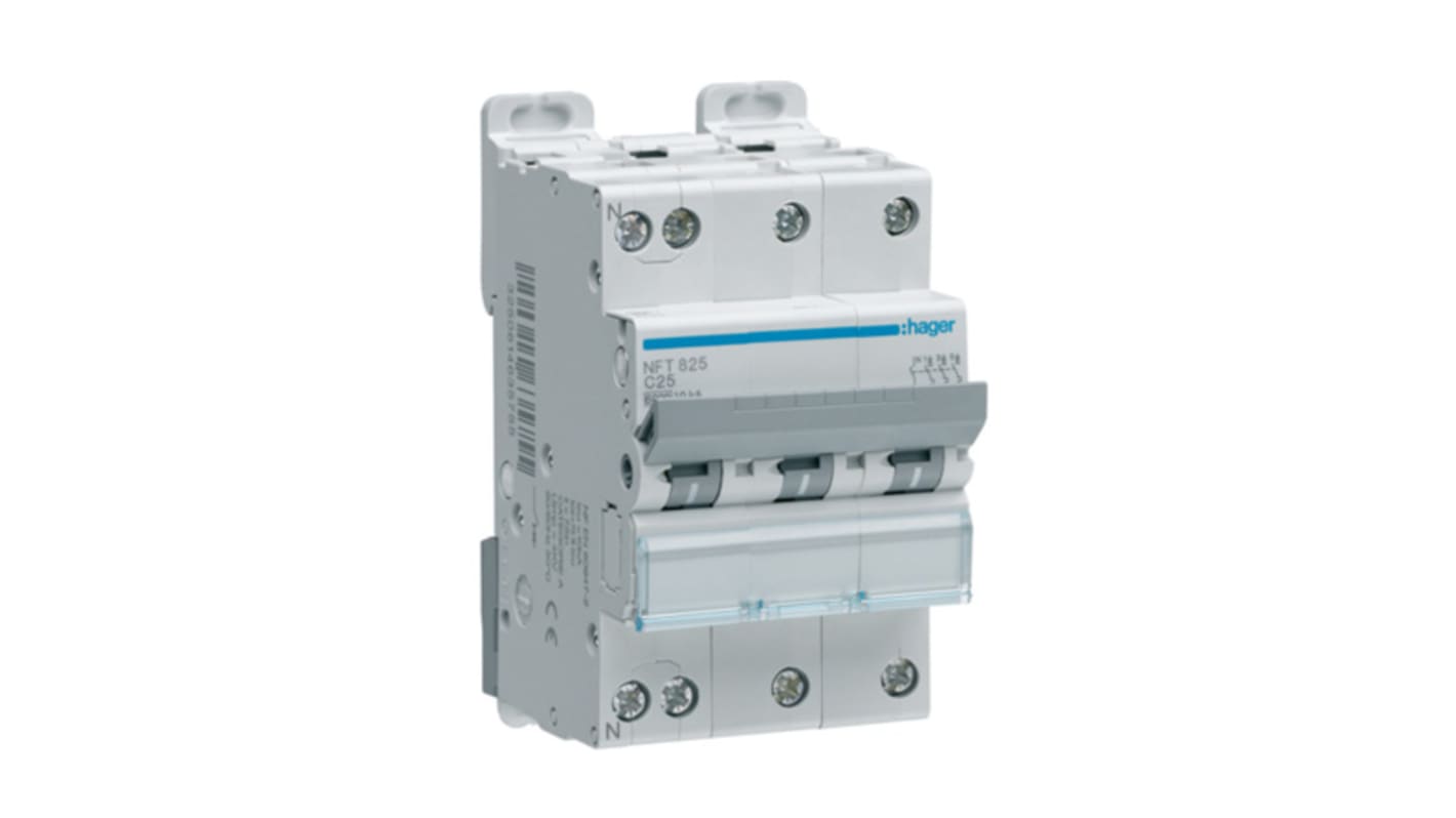 Hager NGT MCB, 3+N, 10A, 415V AC, 10 kA Breaking Capacity